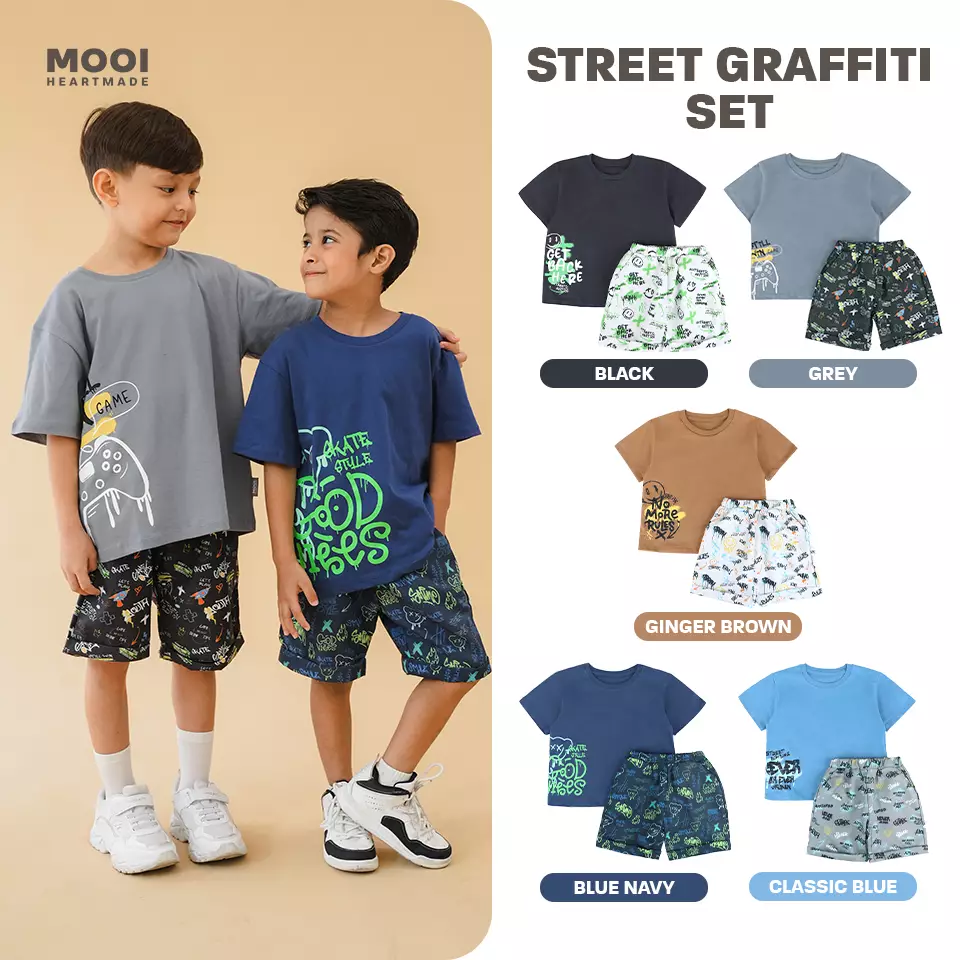 Mooi Setelan Anak Kaos Anak Tshirt Street Graffiti Set - Black