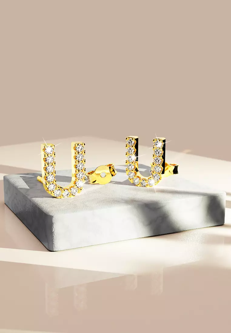 Solid 925 Sterling Silver Glamour Alphabet Letter Earrings Gold - U