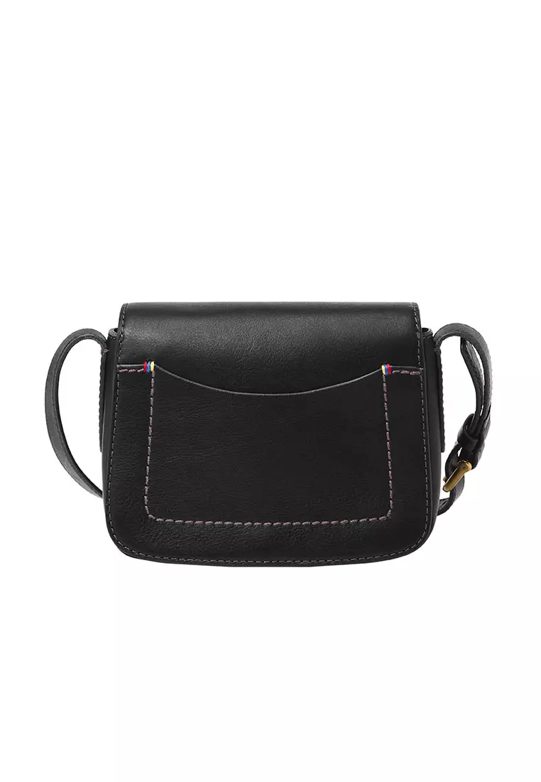 Buy the Fossil Black Leather Flap Shoulder Small Messenger Bag