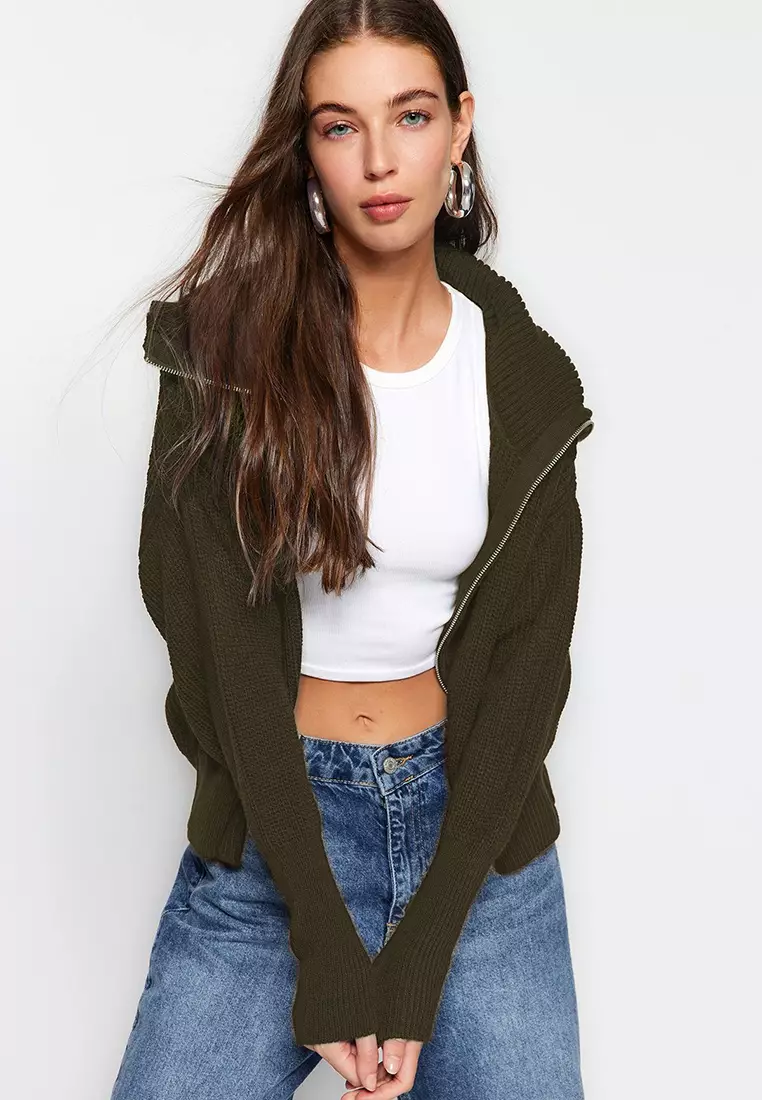 Turn Down Collar Zippered Khaki Knitwear Cardigan Wide Fit