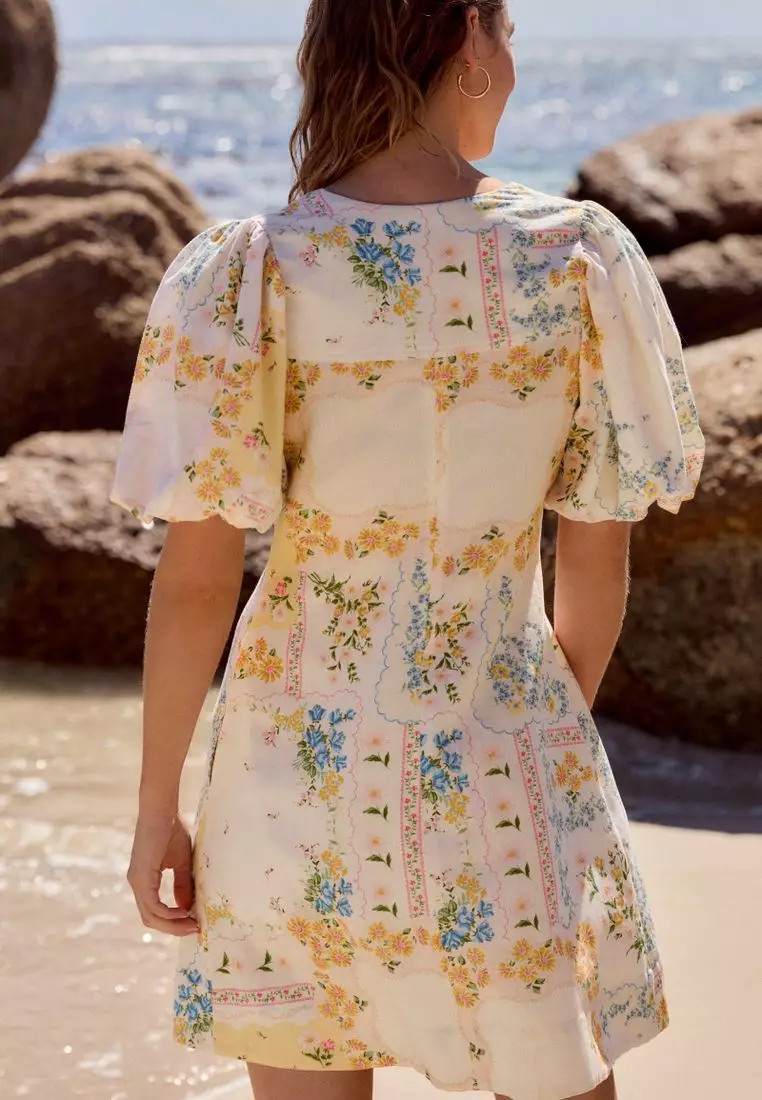 V-Neck Puff Sleeve Mini Dress with Linen