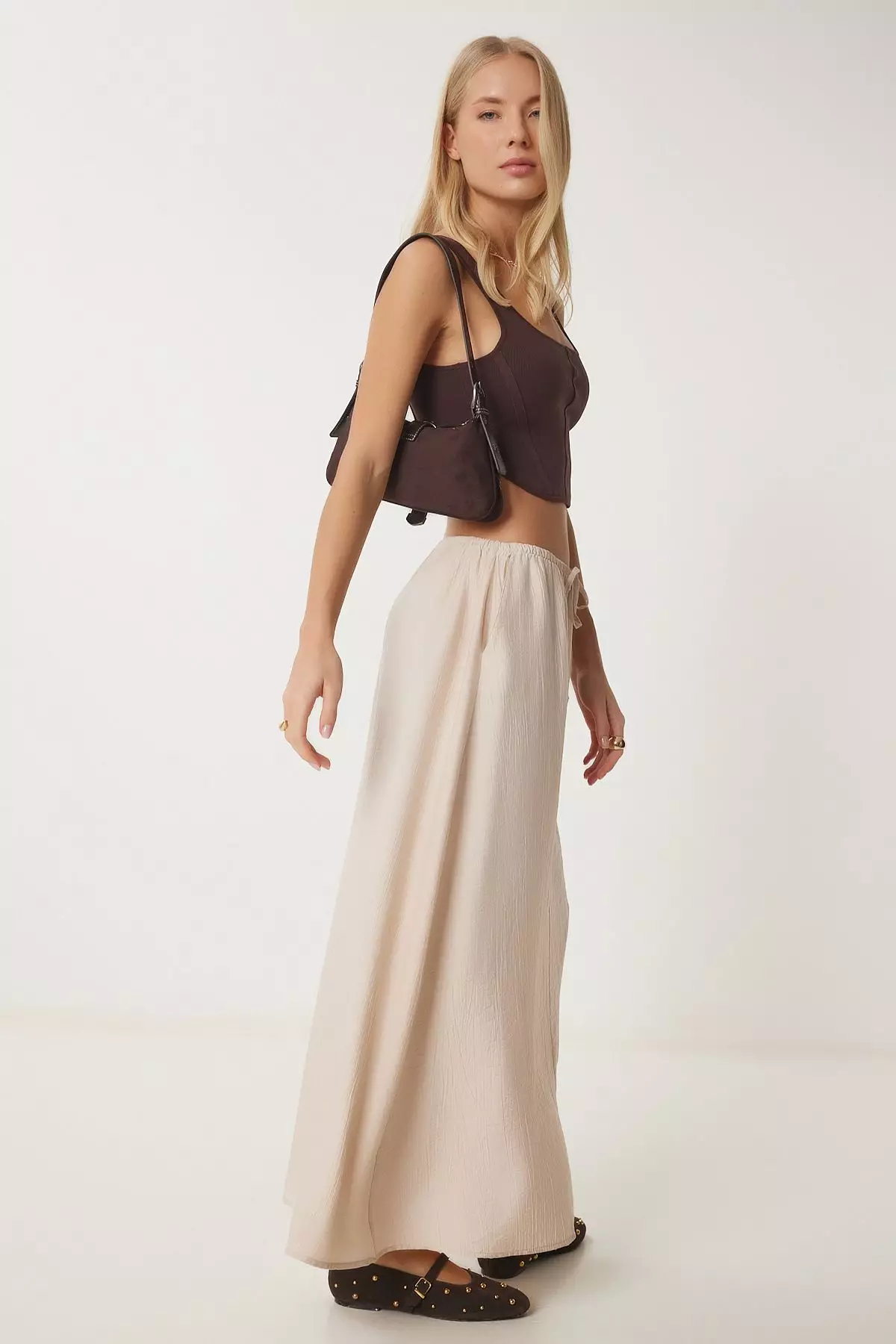 Wrinkled Effect Summer Flared Woven Skirt