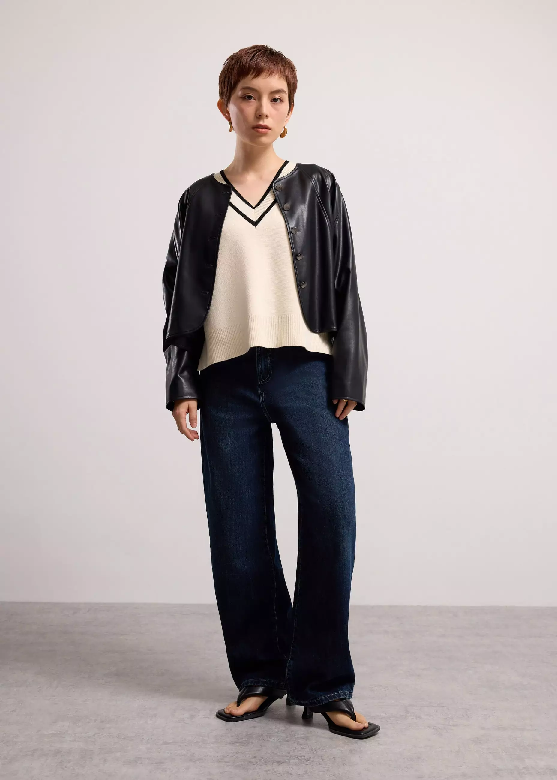 Jaket Wanita - Relaxed Vegan Leather Collarless Button Down Jacket