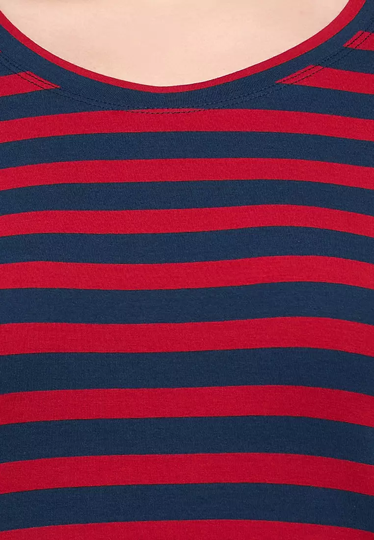 Clovia Striped T-shirt & Pyjama Set in Maroon & Navy Blue - 100% Cotton