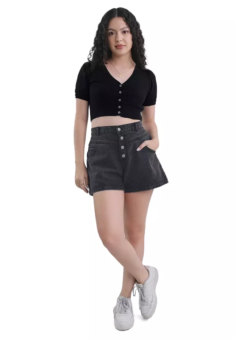 Button Front High Waist Acid Wash Denim Shorts