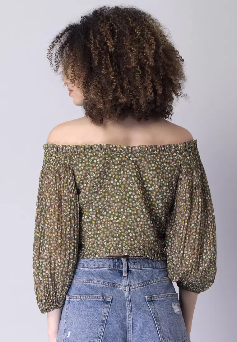 Green Floral Frilled Bardot Top