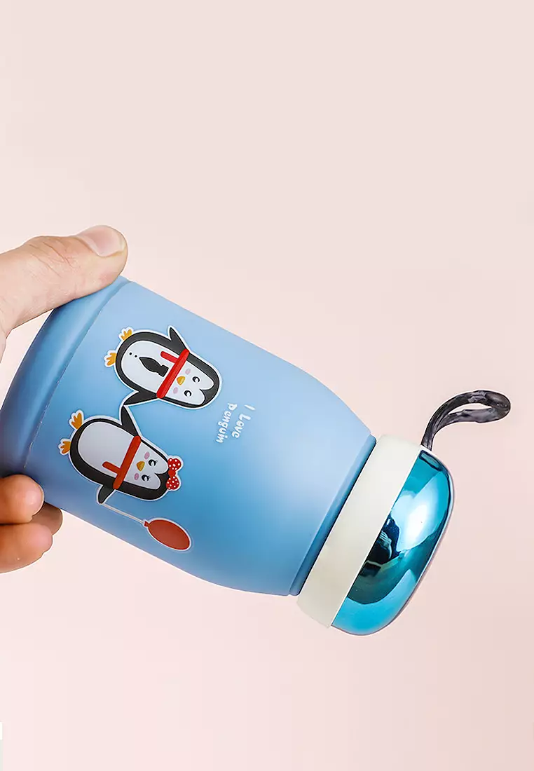 Wakakids Botol Minum Kaca Anak Food Grade Minimalis 380ml Motif Pinguin Venrz Biru