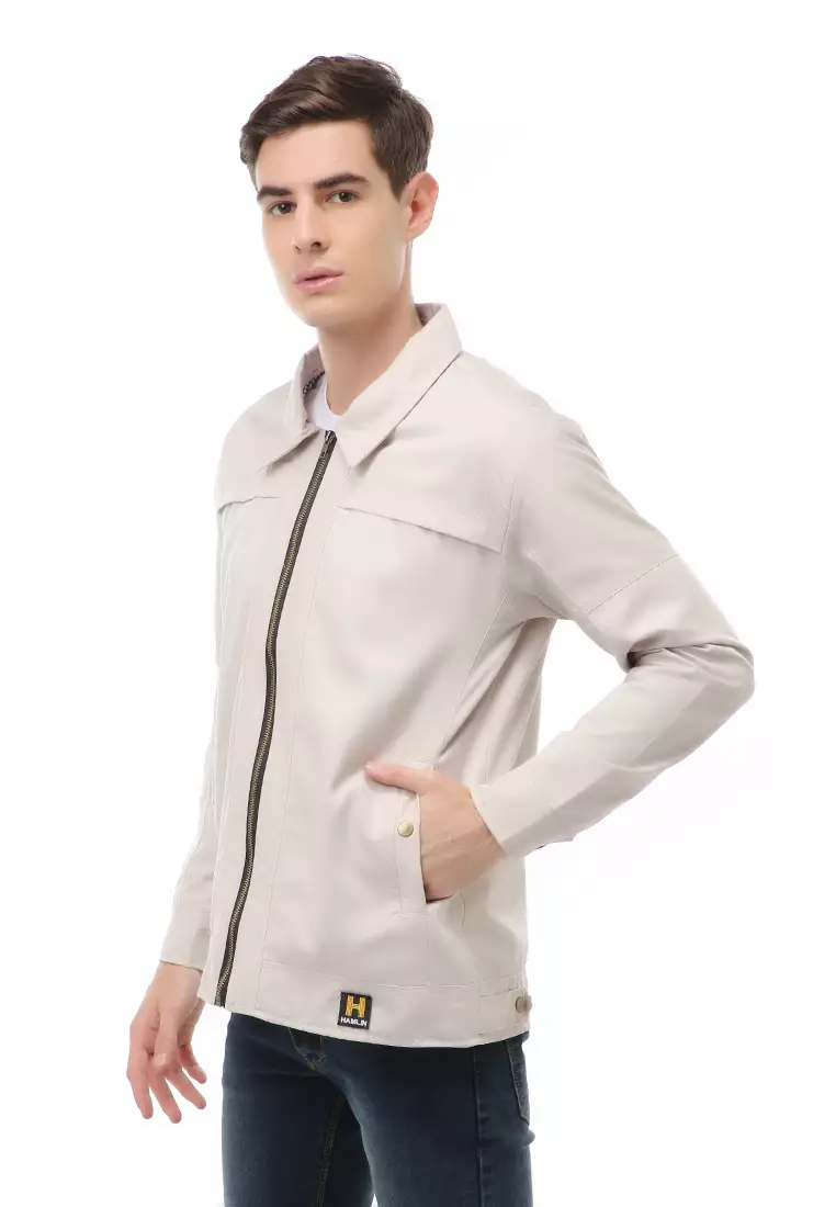 Clover Outerwear Jacket Fashion Pria Motif Polos Material Cotton ORIGINAL - Light Cream