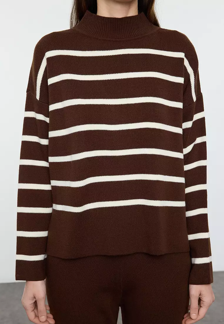 Brown Striped Knitted Trousers Bottom-Top Set Twoaw24Au00045