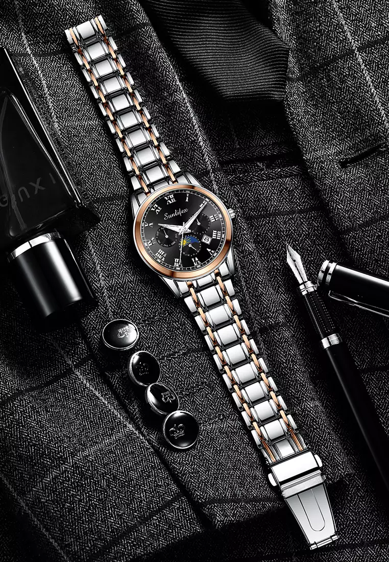 Jam Tangan Pria Tali Stainless Steel Anti Air Kuarsa Santai Mode Jam Tangan Cowok rose black