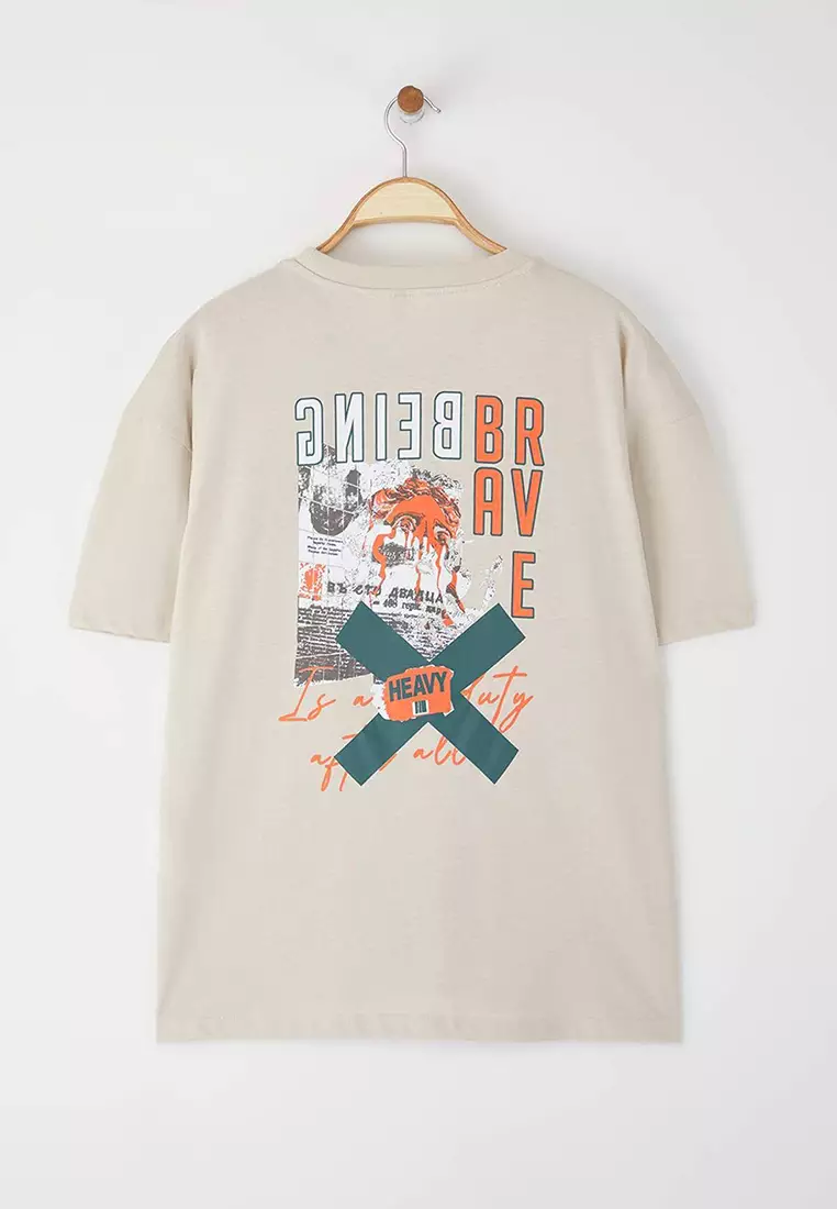 Stone Oversize/Wide Cut Short Sleeve Text Printed 100% Cotton T-Shirt TMNSS22TS2223