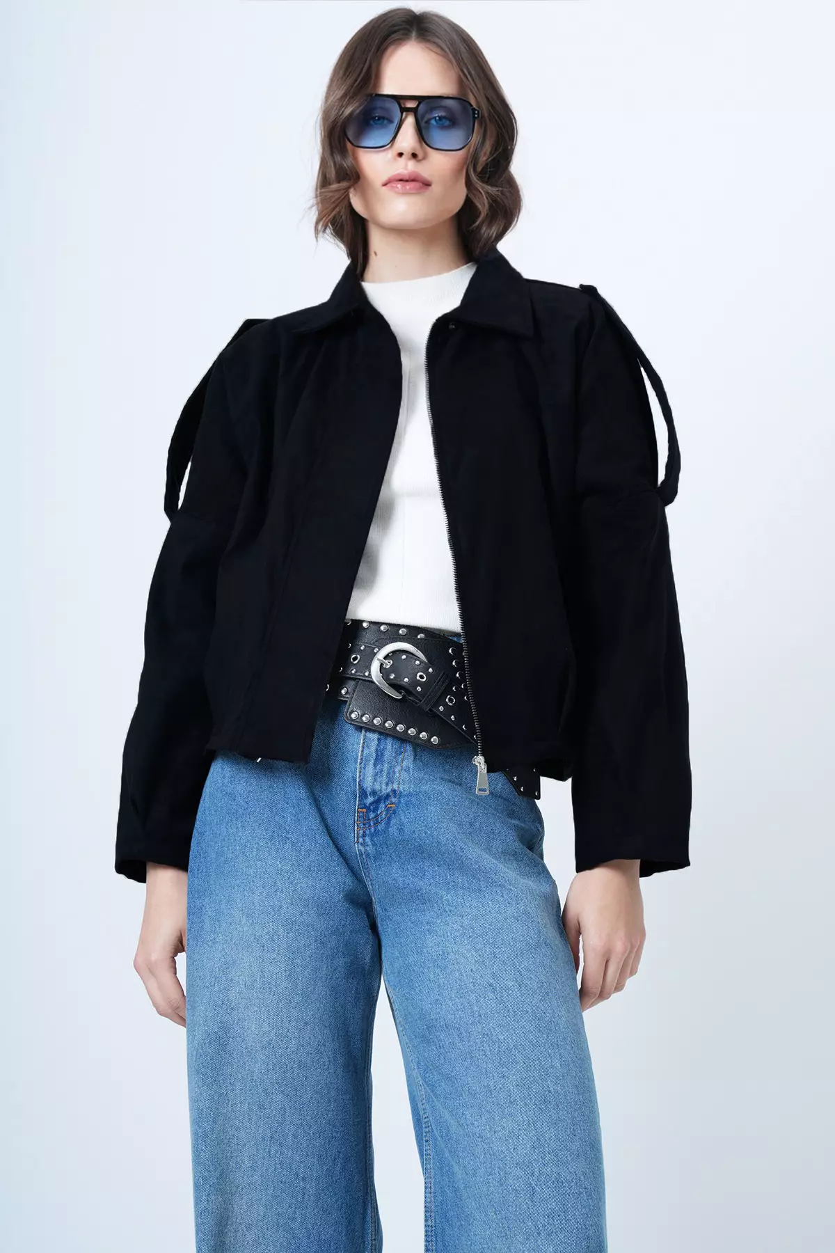 Black Shoulder Epaulettes Lined Faux Suede Bomber Jacket Alc-X14526