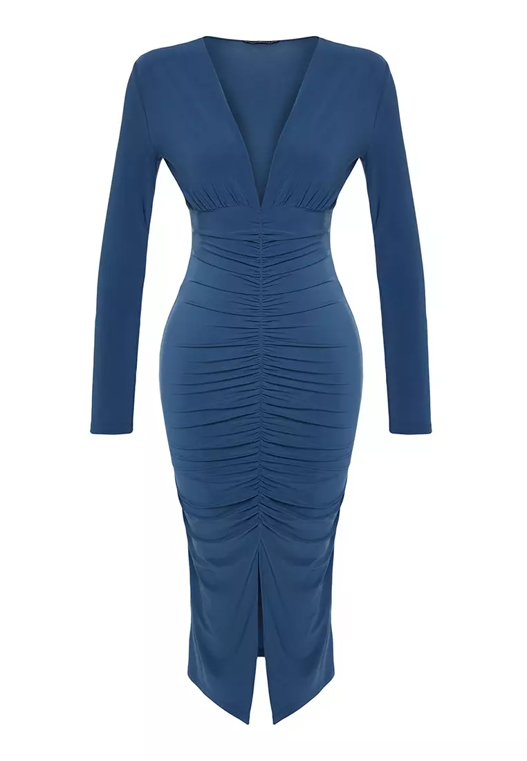 Fitted V-Neck Ruched Midi Dress