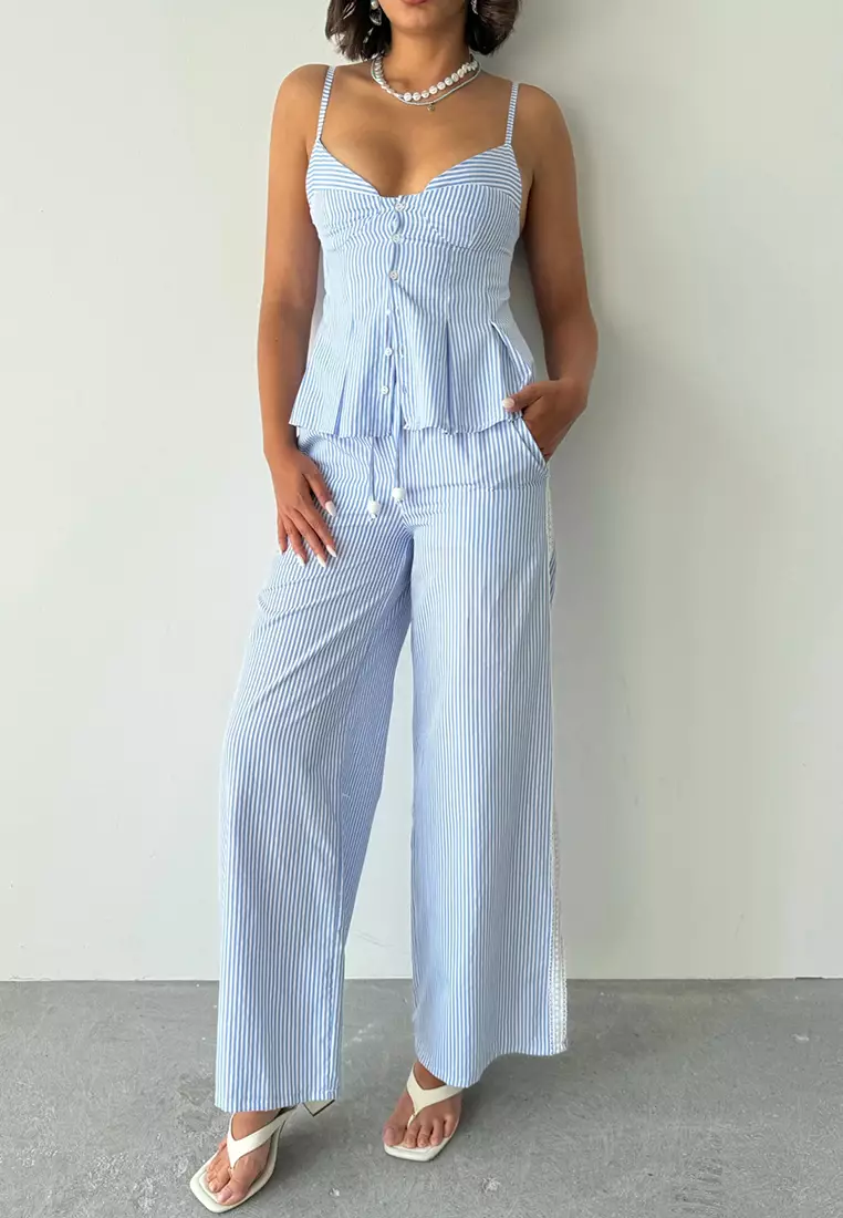 Blue Striped Strap Blouse Pants Bottom Top Set