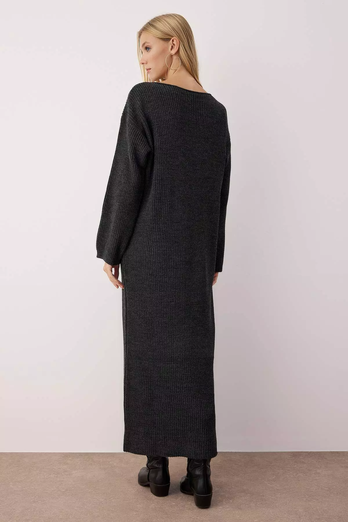 Anthracite Plain Maxi Basic Oversize Boat Neck Knitwear Long Dress