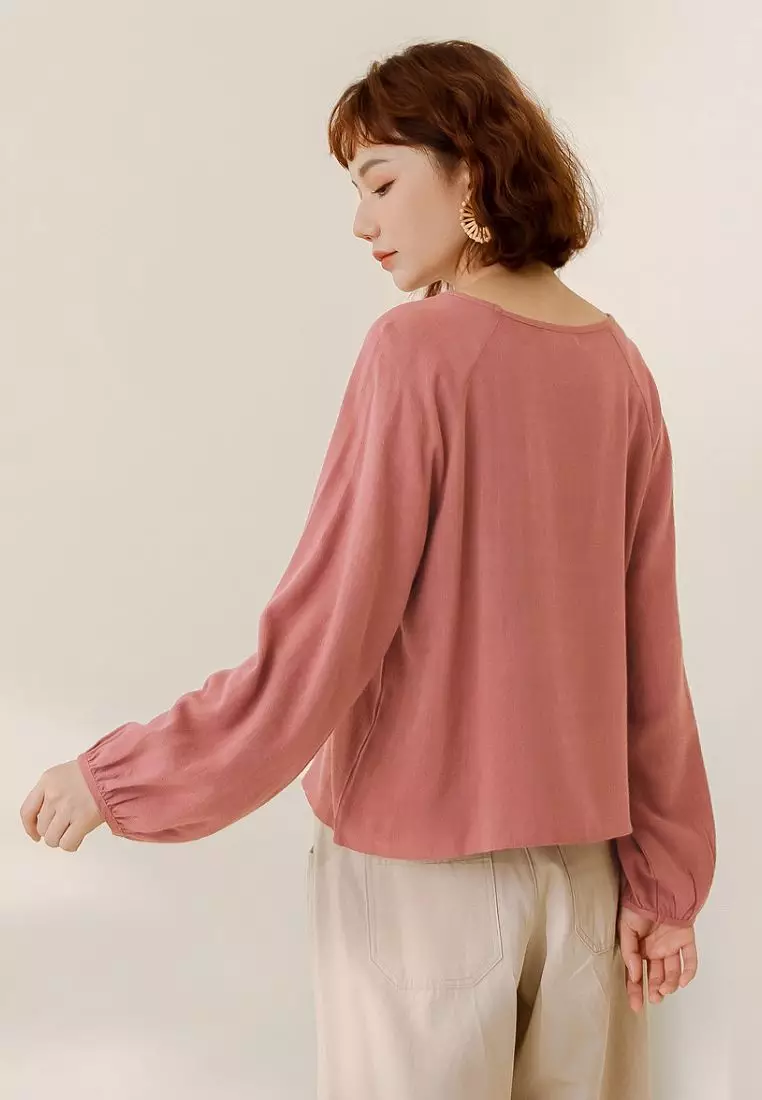 棉麻造型開口泡泡袖上衣《AB18099》