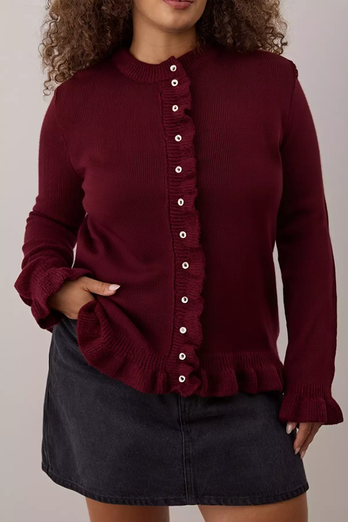 Burgundy Button & Flywheel Detailed Soft Textured Knitwear Cardigan Tbbaw26Av00031