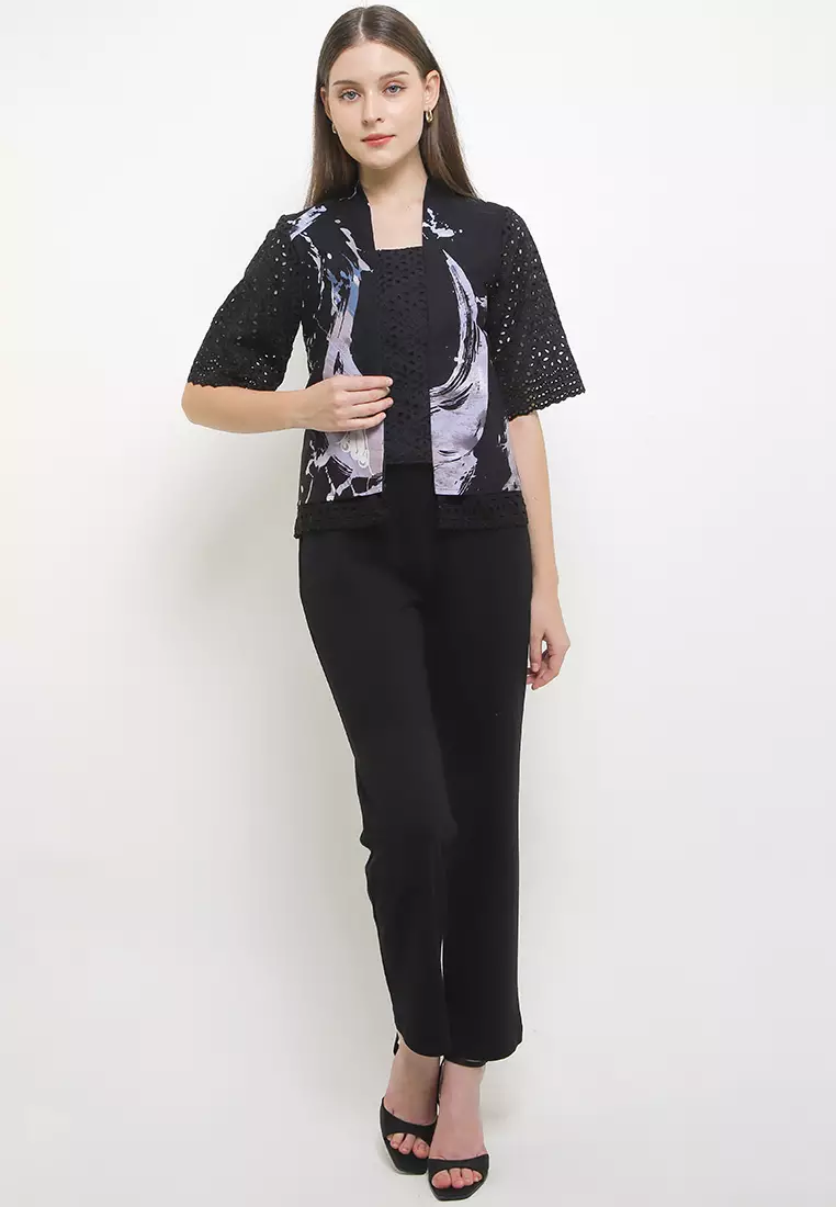 Blouse Batik Wanita Furing Kombinasi Lace Brukat Renvia Lengan Pendek Black