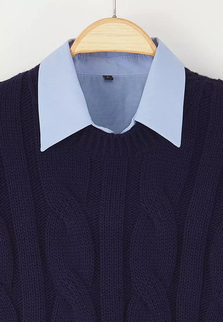 Navy Blue Shirt Garnish Detail Crop Knitwear Sweater Twoaw26Kz00047