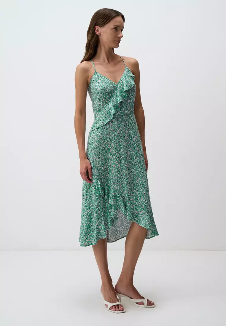 Jimmy Key Mint Green Narrow Cut Straps V-Neck Patterned Midi Dress