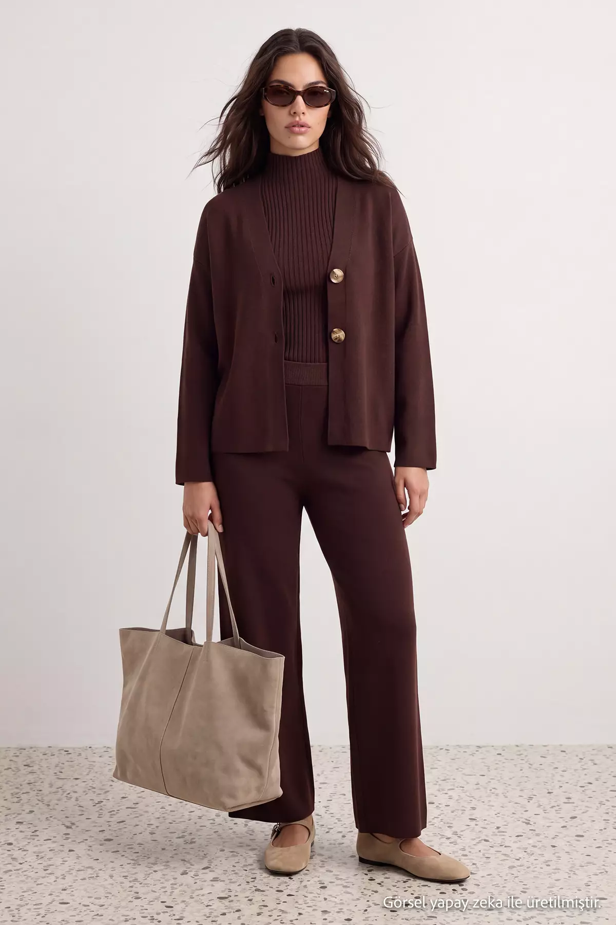 Brown Accessory Detailed 3-Piece Cardigan-Blouse-Pants Knitwear Set
