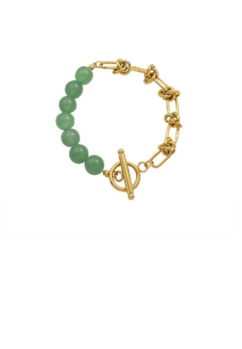 Glamorousky silver Fashion Elegant Plated Gold Imitation Green Aventurine Beaded Stitching 316L Stainless Steel Chain Bracelet E3F2AAC2A5C97BGS_1
