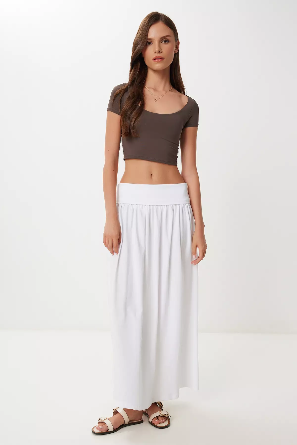 Women's Ecru Long Summer Flexible Knitted Skirt Cr00519
