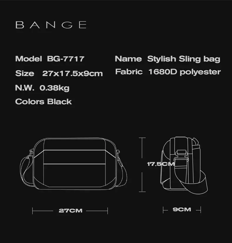 Bange BG7717 Tas Selempang Bange Sling Bag Shoulder Chest Bag Pria - Black