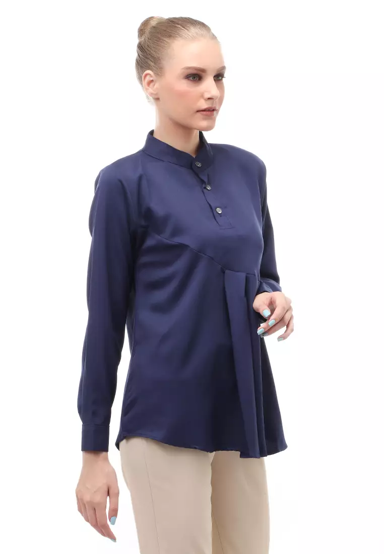 Blouse Atasan Wanita Motif Polos Design Simple Front Button Opening Regular Fit - Navy