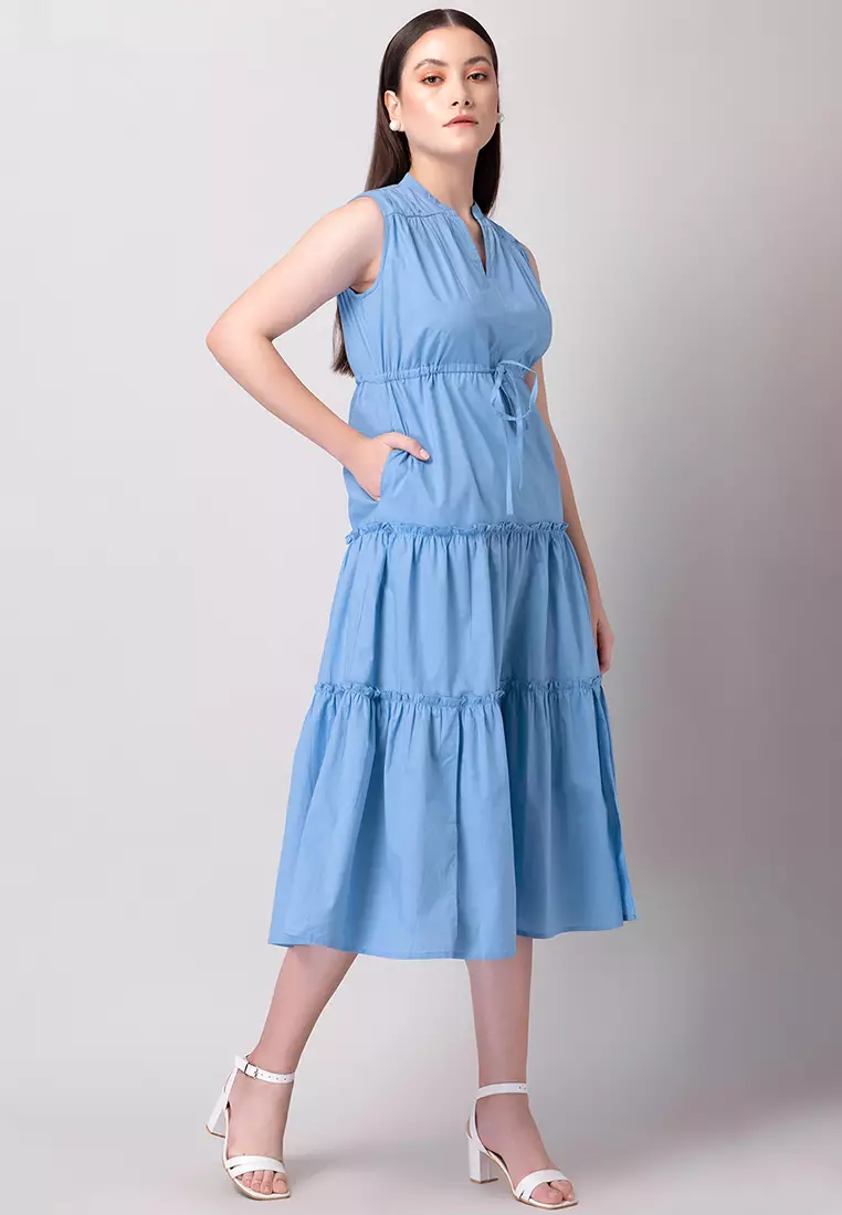 Blue Tiered Cotton  Dress
