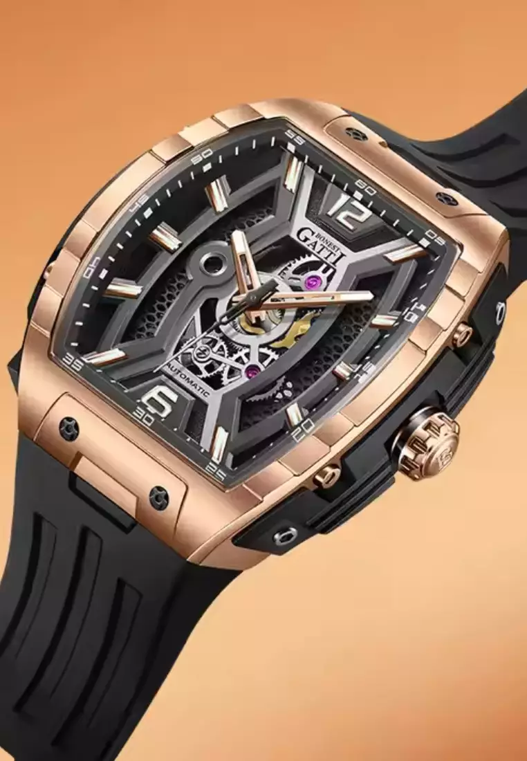 自動中性不鏽鋼手錶，橡膠錶帶