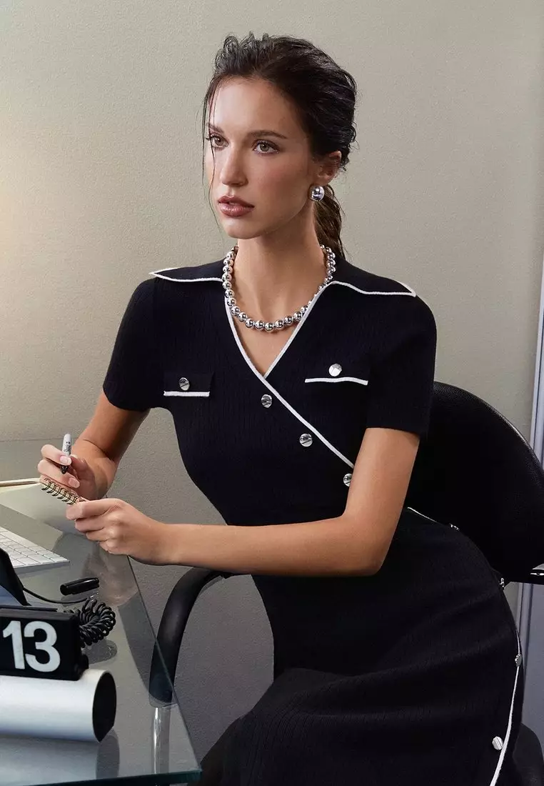 Button Up Side Slit Dress - Black