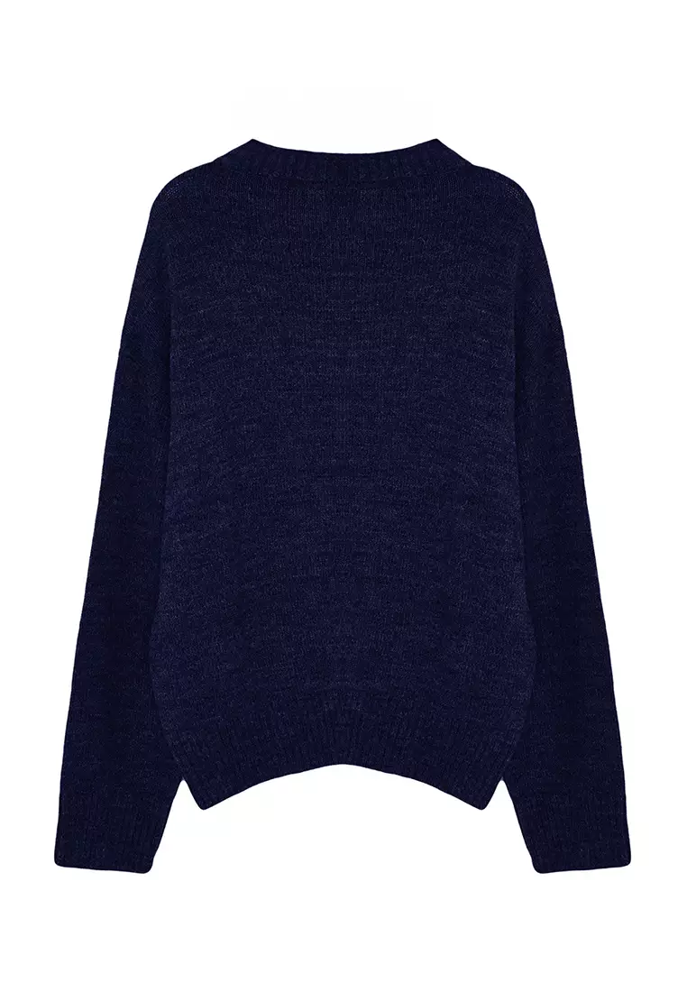 Navy Blue Wide Fit Soft Textured Knitwear Sweater