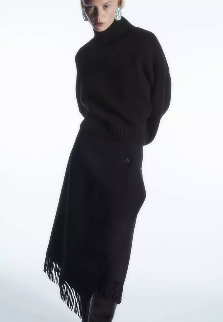 Fringed Wool Midi Wrap Skirt