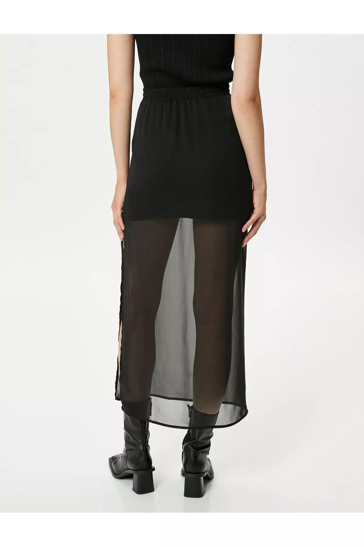 Midi Tulle Skirt With Slit Elastic Waist