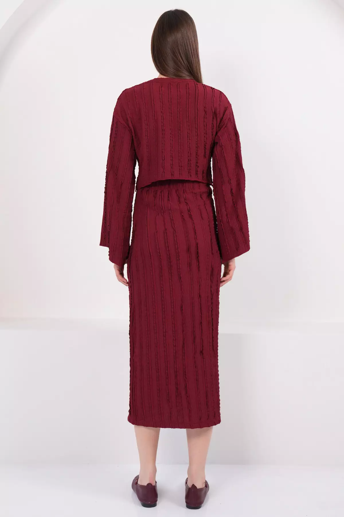 Burgundy Asymmetrical Cut Blouse And Skirt Set With Stitching Detail Alc-X14808