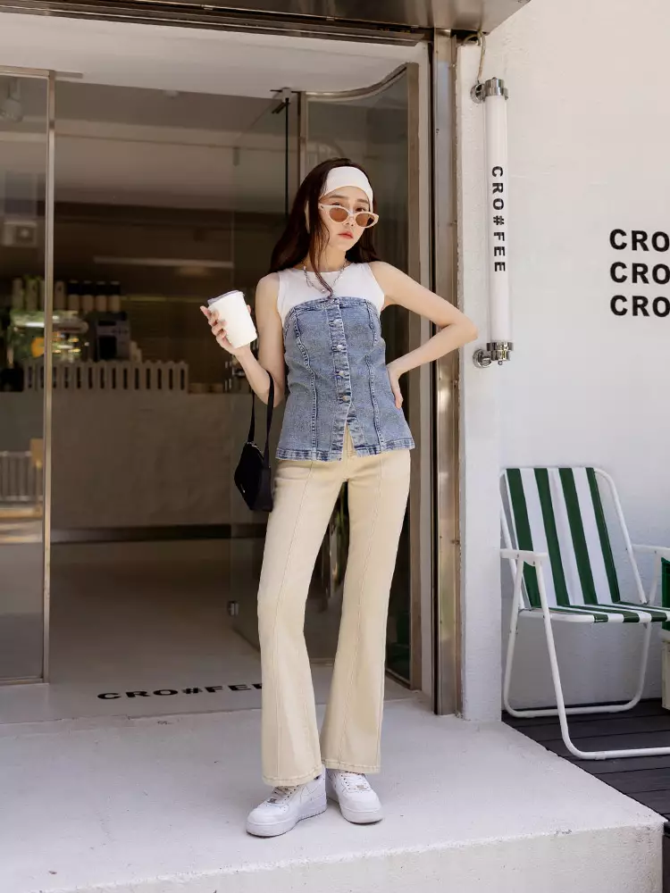 視覺細-5KG．鬆緊腰彈力炒鹽牛仔喇叭顯瘦褲薔薔款《BA7503》