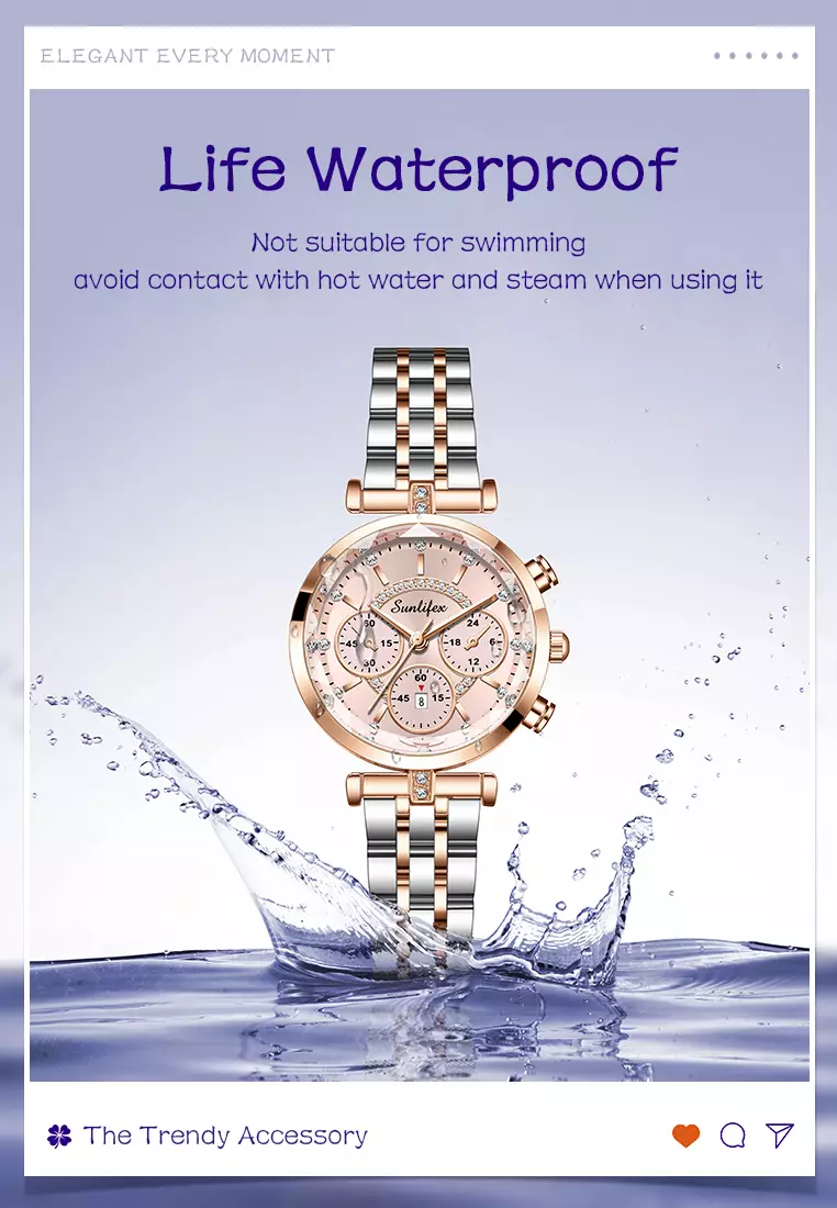 Jam Tangan Wanita Original B005 Kalendar Anti Air Berlian Kuarsa Tali Stainless Steel Jam Tangan Cewek Rosegold