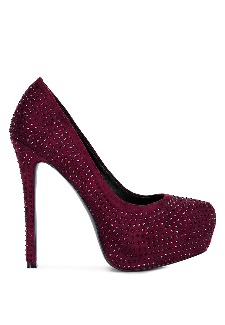 Burgundy Diamante Faux Suede high Heeled Pumps