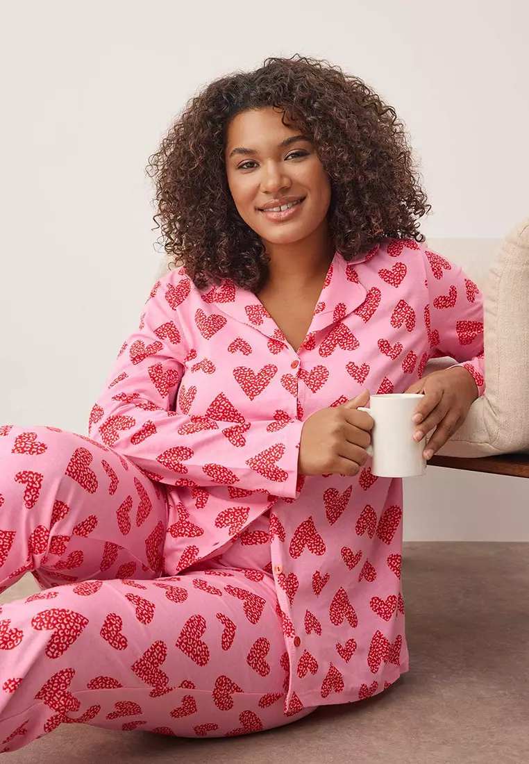 Pink 100% Cotton Heart & Leopard Patterned Shirt-Pants Knitted Pajama Set Tbbaw26Ai00017