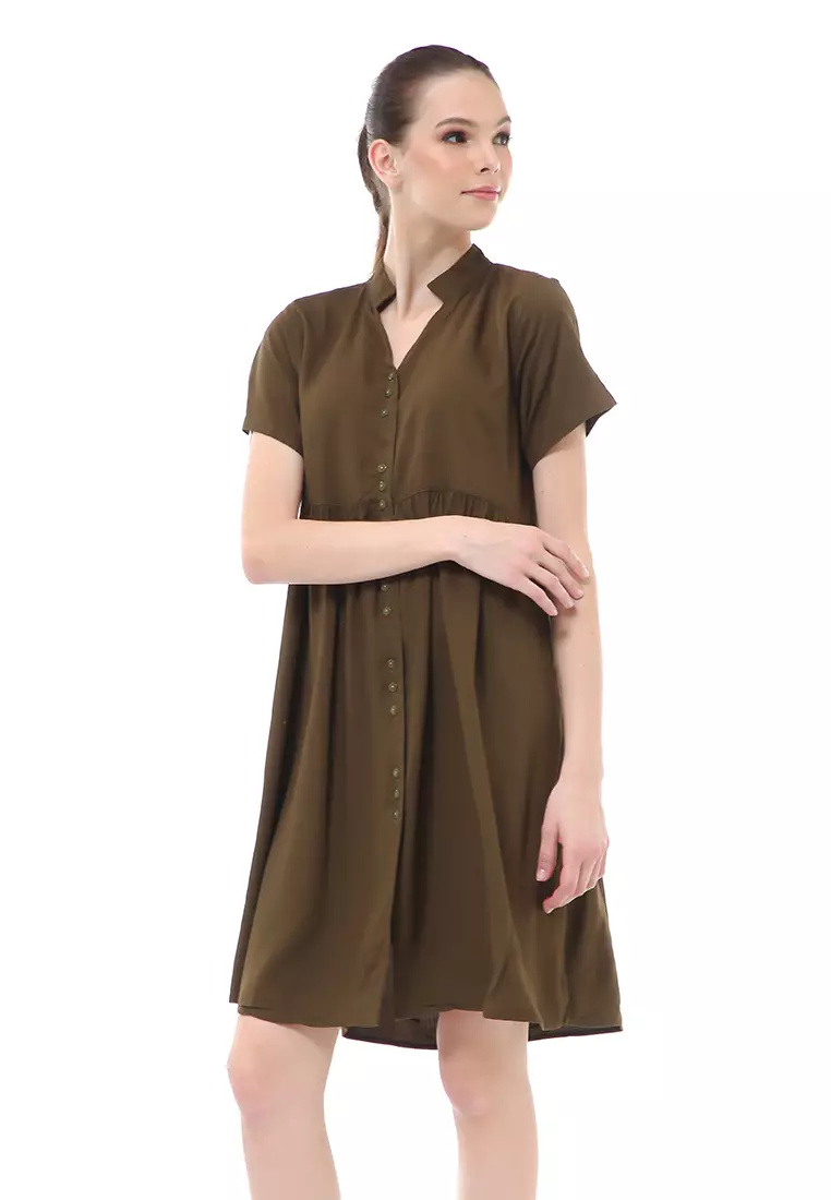 Rachel Dress Wanita Lengan Pendek Full Kancing Stylish Material Cotton ORIGINAL - Army Green