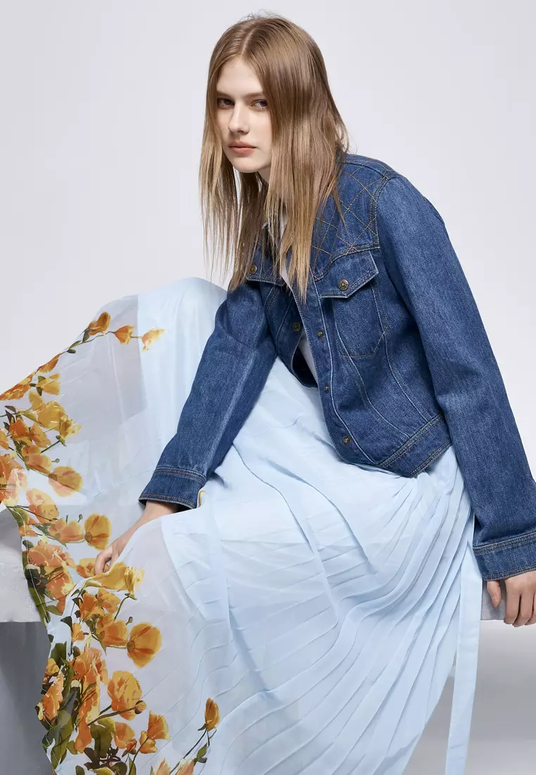 Blue Pleated Chiffon Skirt With Contrast Floral Print