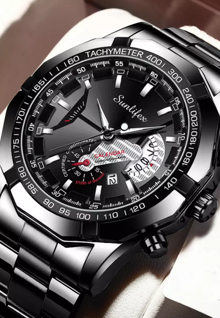 Jam Tangan Pria 9094 Original Kuarsa Kalender Tali Stainless Steel Jam Tangan Cowok(Kotak + Kartu Garansi) allblack