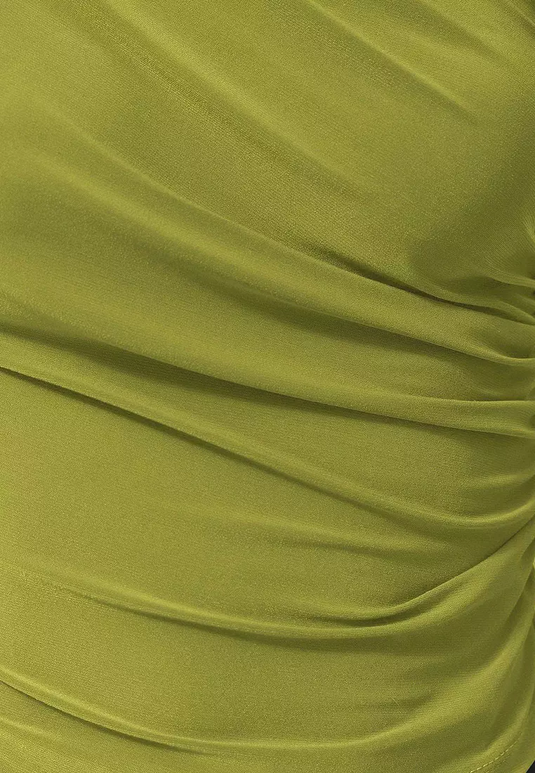 Apple Green Sleveless Gathered Flexible Knitted Blouse