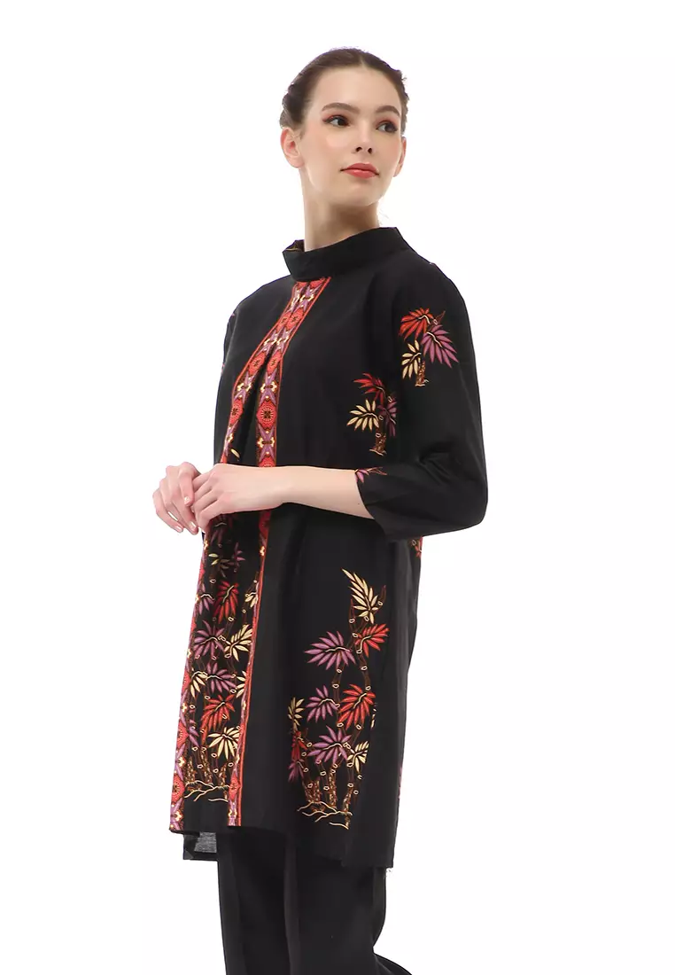 Olaf Atasan Batik Wanita Tunik Traditional Motive Desain Belah Tengah Material Cotton ORIGINAL - Black Red