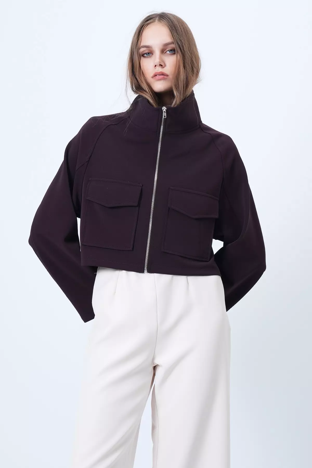 Women'S Purple Stand Collar Double Pocket Raglan Sleeve Jacket Alc-X14409