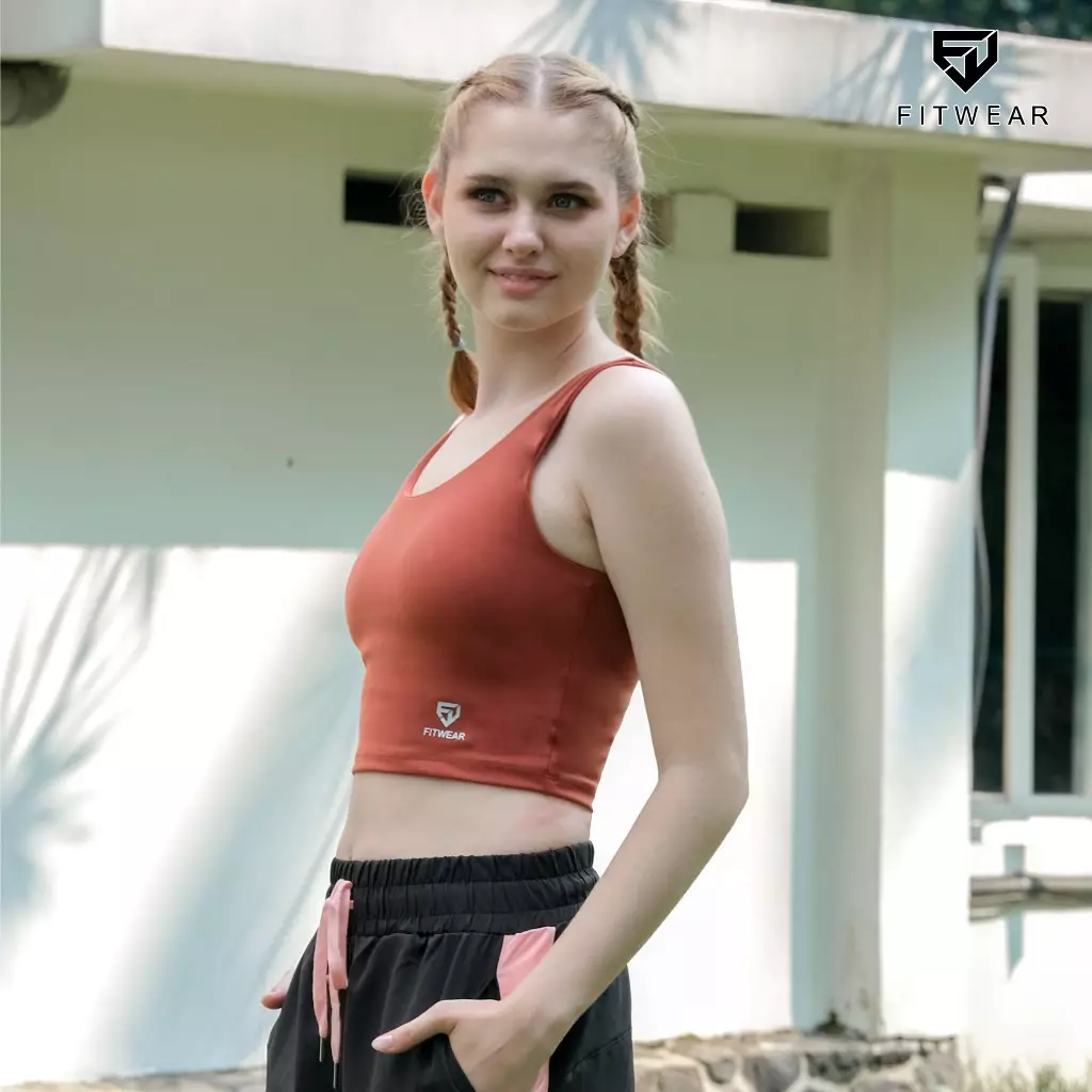 Fitwear - SportBra Croptop Olahraga Wanita EVELYNE [2IN1 PLAIN] - BRICK