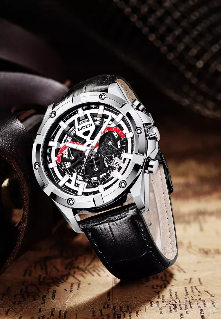 Jam Tangan Pria Original Kalender Sports Anti Air Tali Kulit Jam Tangan Cowok black silver