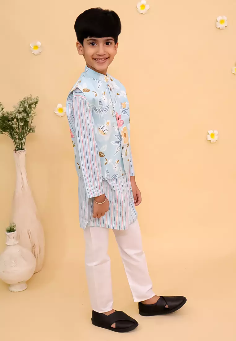 The Mom Store Megh Malhaar Boys Floral Print Jacket And Kurta Pajama Set - Light Blue