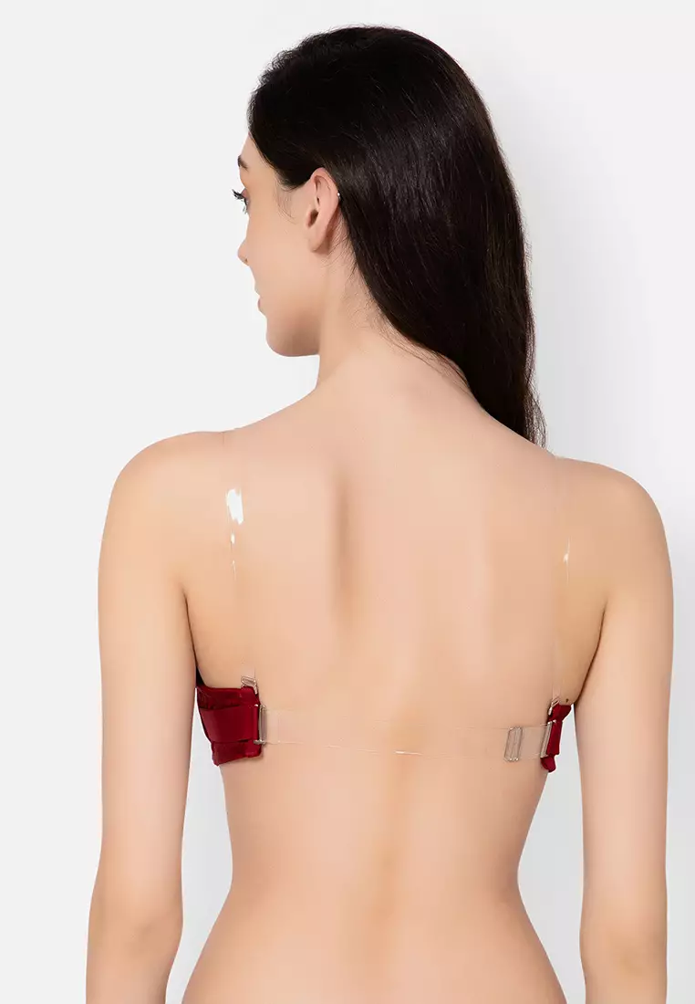 Clovia Invisi Padded Underwired Full Coverage Strapless Balconette Bra in Maroon with Transparent Straps & Band - Lace